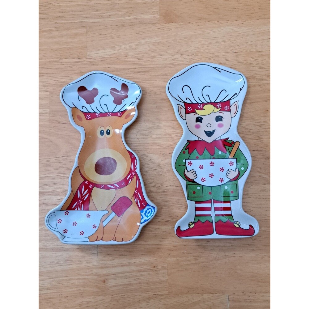 Temptations By Tara 2 Holiday Porcelain Large Spoon Rests Reindeer Elf Christmas